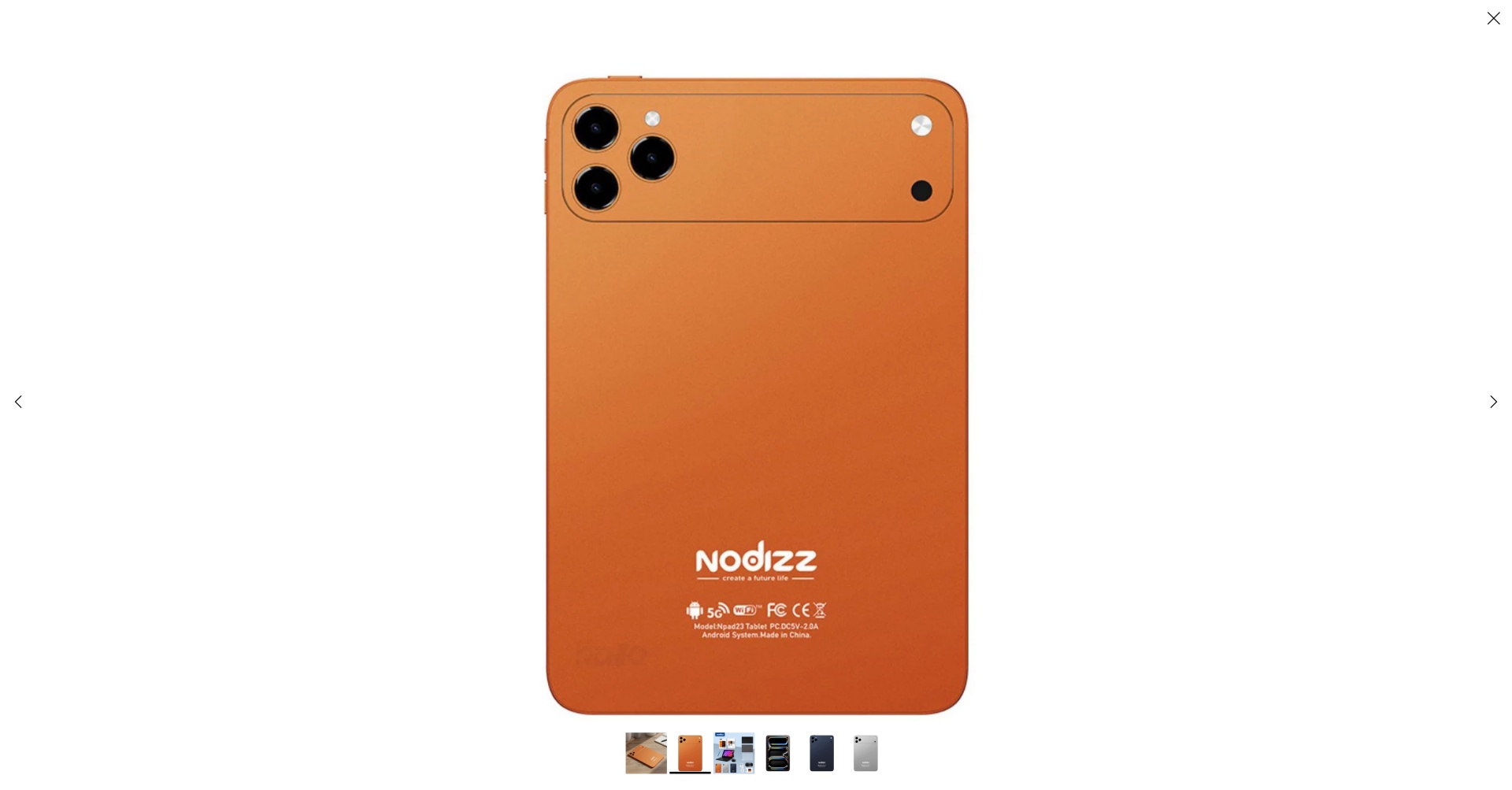 Tablet Nodizz Npad 23 Tablet laranja com três câmaras traseiras e texto Nodizz