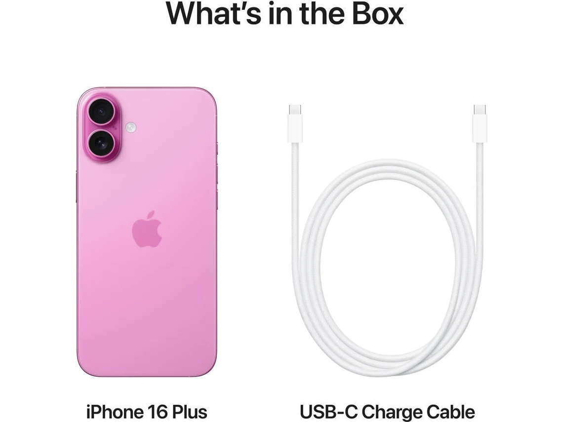 iPhone 16 Plus iPhone 16 Plus rosa e cabo USB-C apresentando conteúdo da caixa