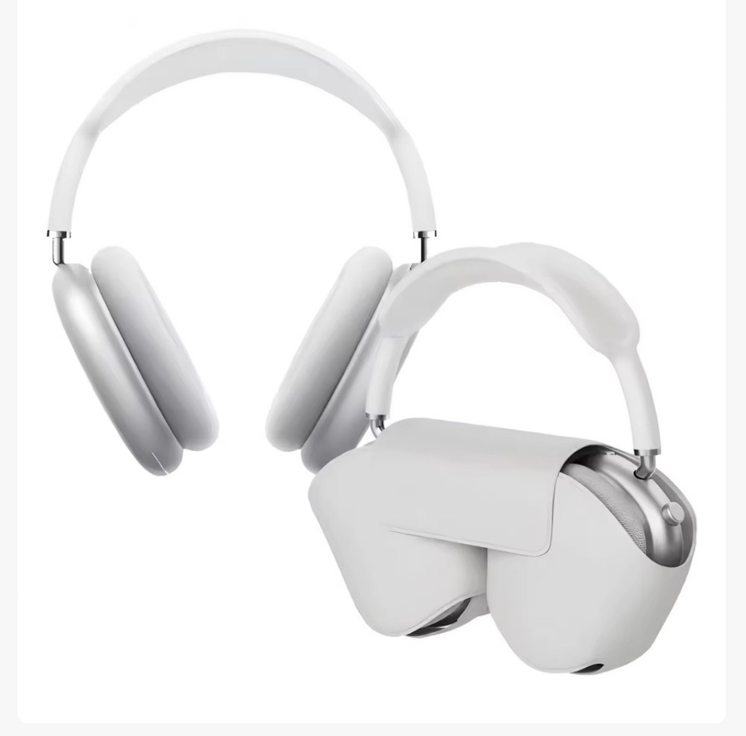 Headphones PMax Bluetooth Auscultadores over-ear brancos e prateados com bolsa protetora branca