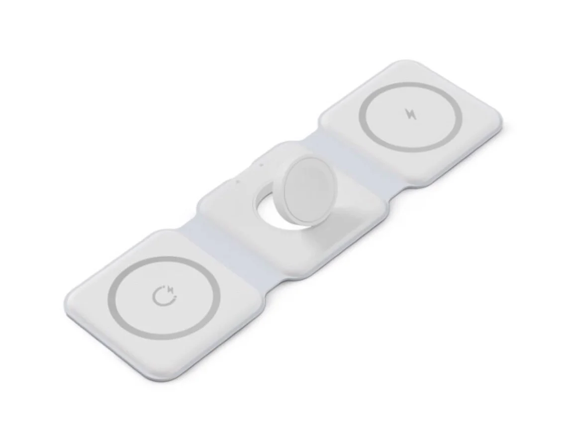 Base de Carregamento 3 em 1 Base de carregamento sem fios branca com duas plataformas circulares e suporte central para relógio