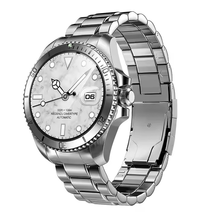 SmartWatch Fendior R1 Relógio metálico prateado com mostrador branco texturizado e visor de data.