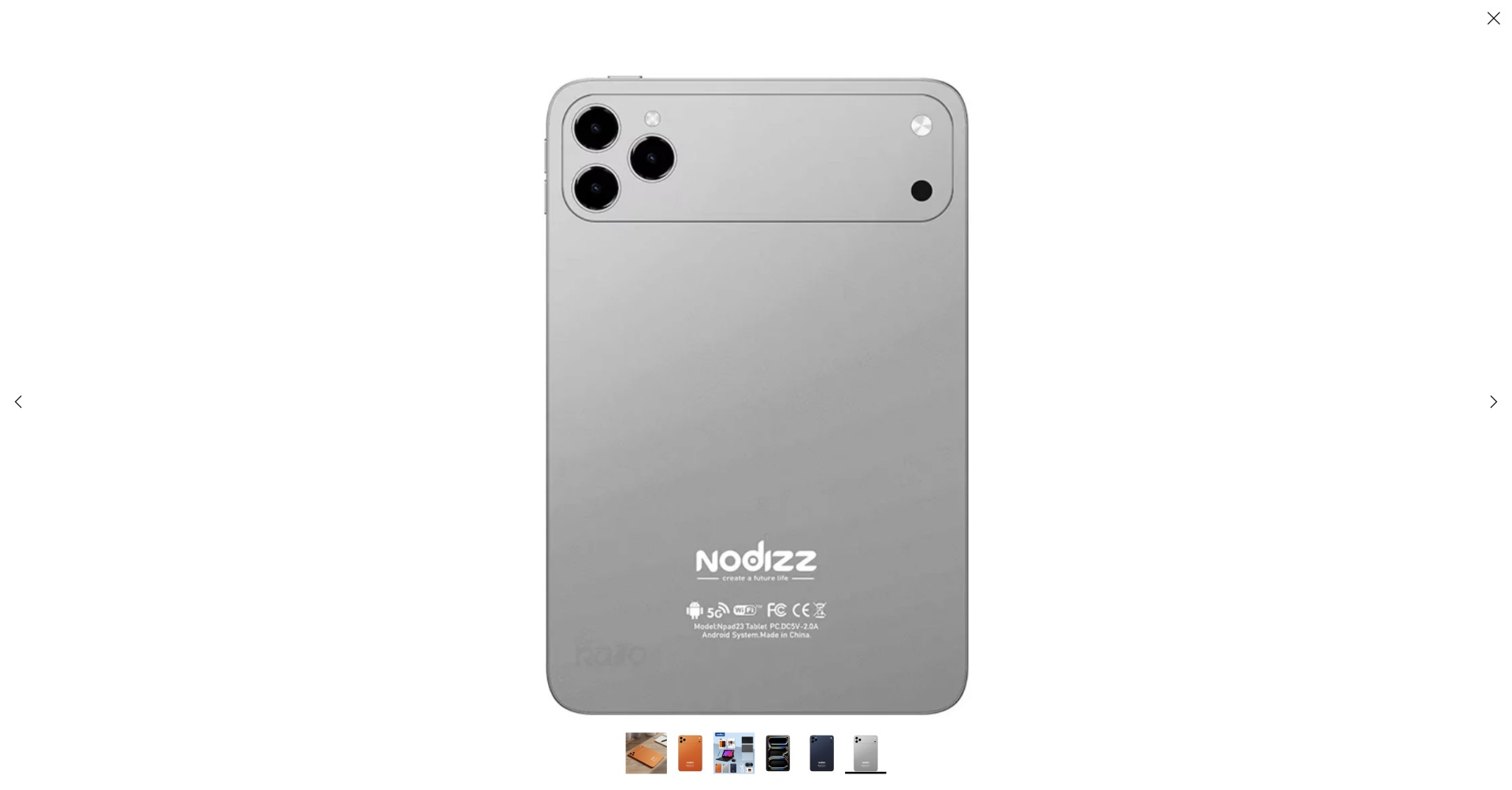 Tablet Nodizz Npad 23 Tablet cinzento com três câmaras traseiras e texto NODIZZ