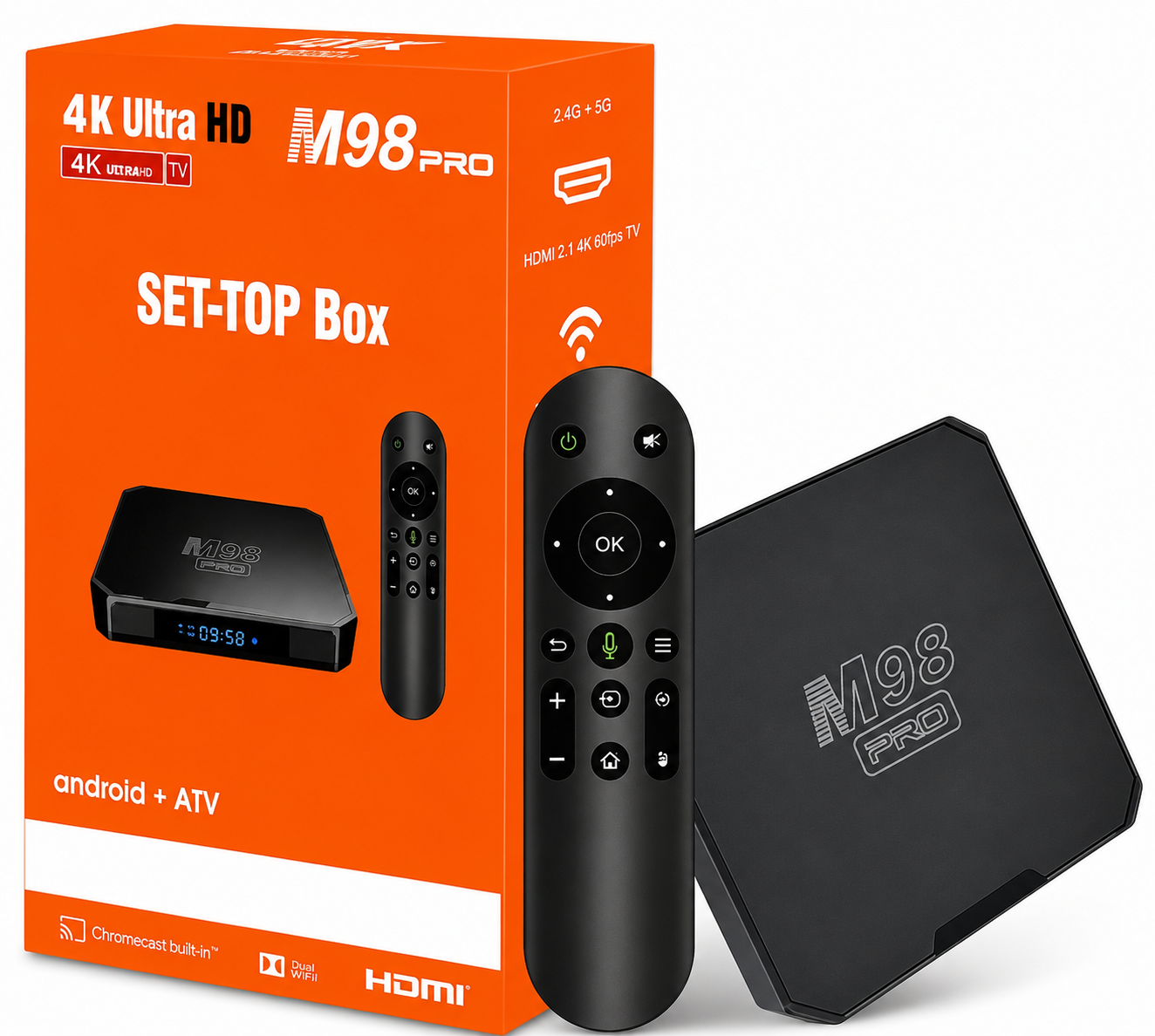 Smart TV Box M98 Pro 4K Ultra HD Set-top box e comando remoto preto ao lado da embalagem laranja com texto e ícones