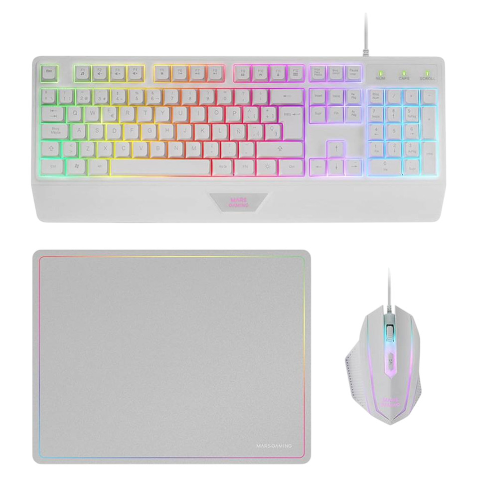 Mars Gaming RGB – Combo Gaming 3-em-1 Conjunto teclado, rato e tapete gaming com luzes RGB em tons pastéis.