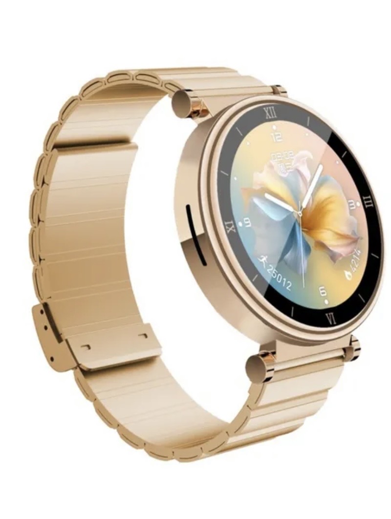 Smartwatch X6 Pro+ Relógio inteligente dourado com mostrador redondo e padrão floral no ecrã