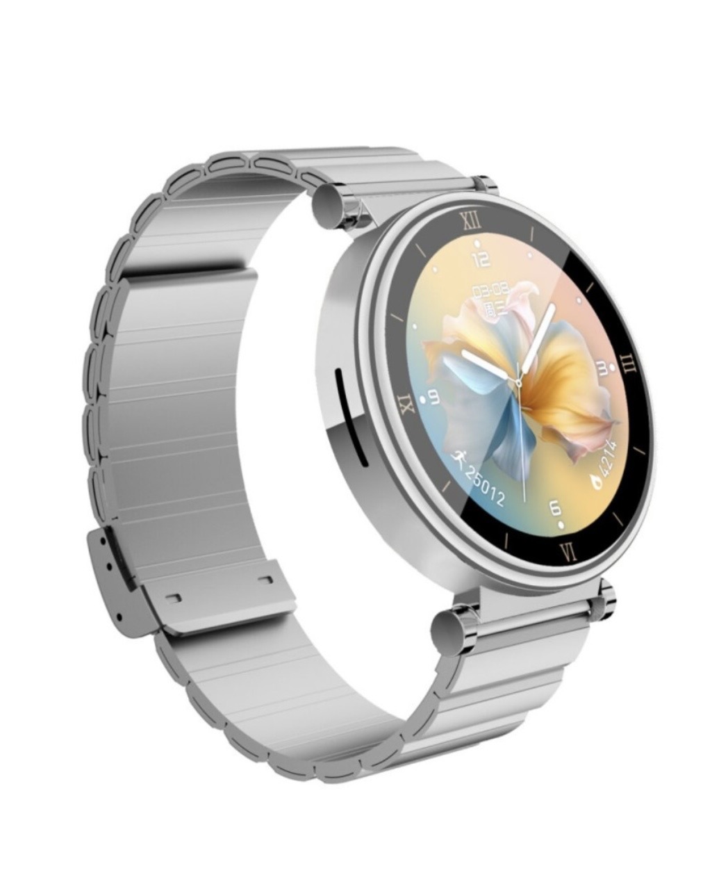 Smartwatch X6 Pro+ Relógio inteligente em metal prateado com mostrador redondo colorido e ponteiros analógicos
