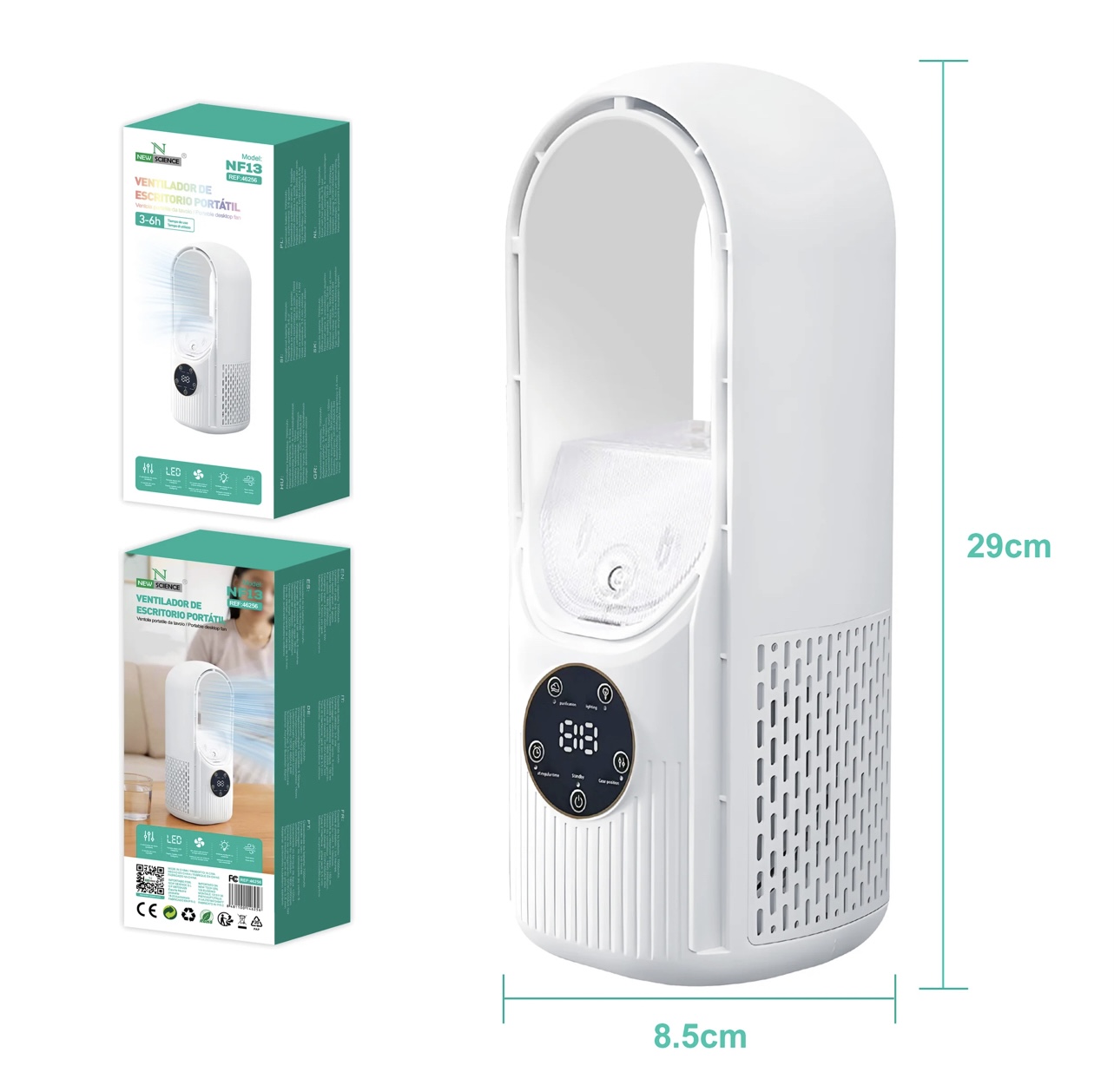 Ventilador Portátil com Reservatório de Água – Spray Refrescante, Purificador e Luz Ambiente Purificador de ar branco com controlo digital e embalagem verde.