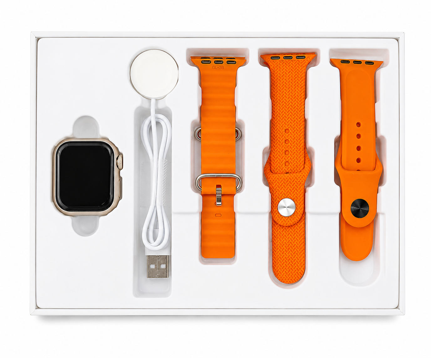 Smartwatch Z99 Mini 38mm – O Companheiro Inteligente para Todos os Dias Conjunto de smartwatch com várias pulseiras laranja e carregador