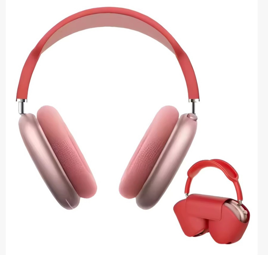 Headphones PMax Bluetooth Auscultadores rosa metálico almofadados com estojo vermelho