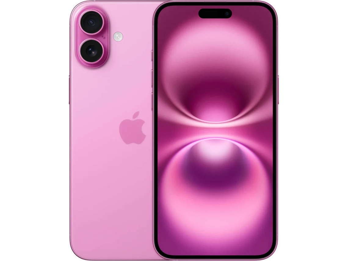 iPhone 16 Plus Telefone inteligente rosa com duas câmaras traseiras e ecrã frontal