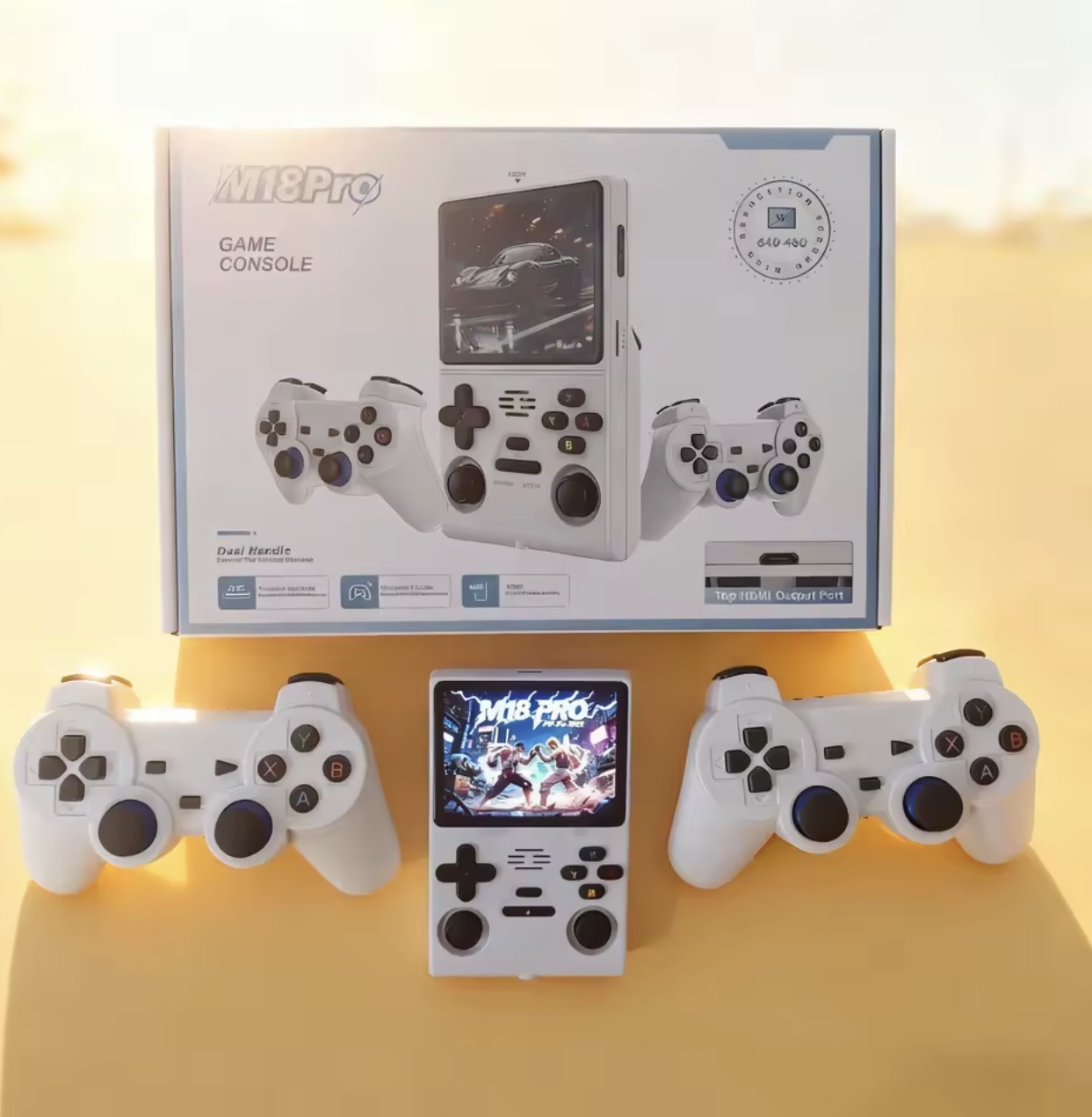Consola Retro M18 Pro – Jogos Clássicos em Alta Definição Consola de jogos portátil branca M18Pro com dois comandos sem fios e caixa do produto