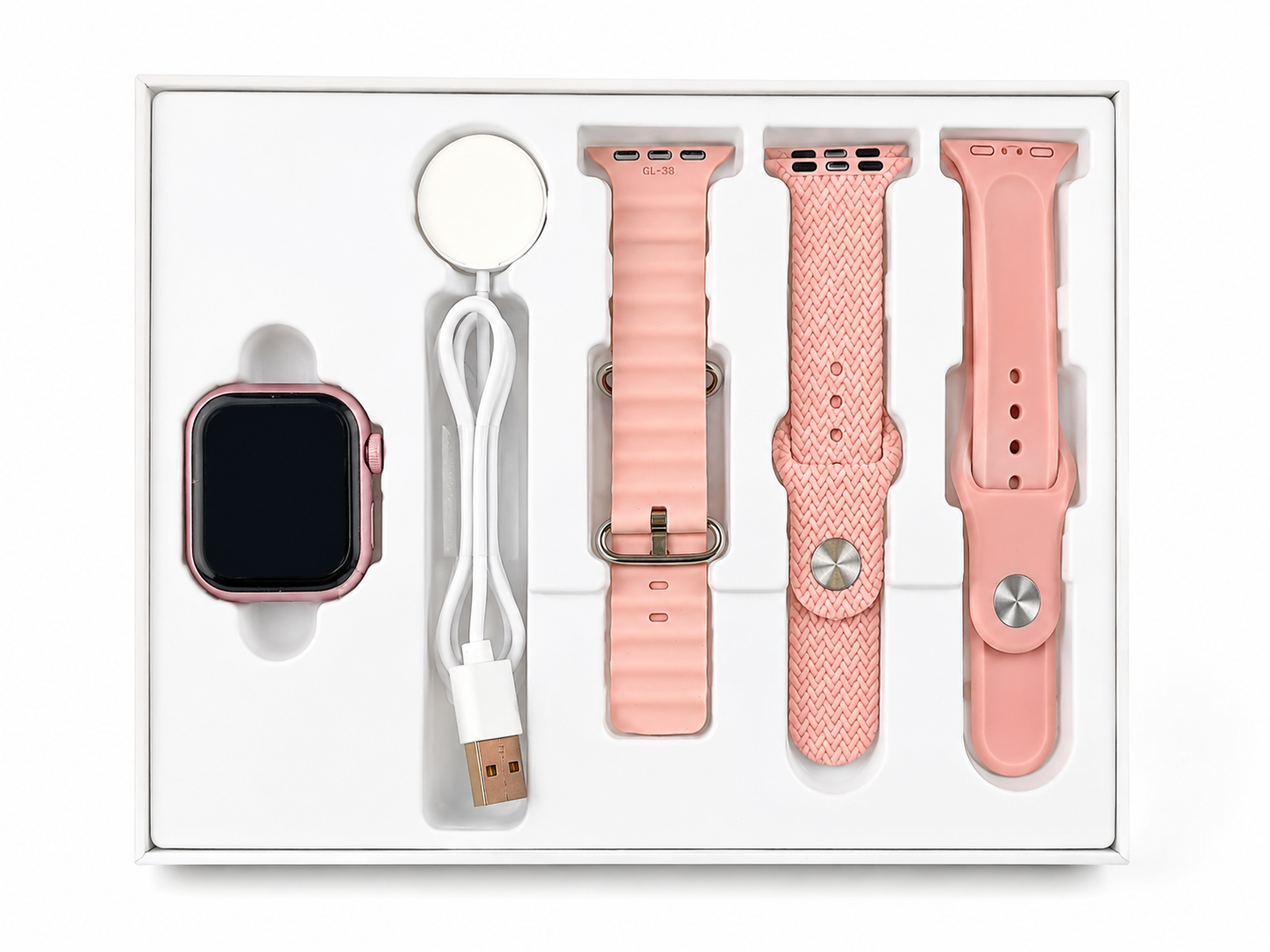 Smartwatch Z99 Mini 38mm – O Companheiro Inteligente para Todos os Dias Conjunto de smartwatch rosa com três pulseiras e cabo carregador em caixa branca