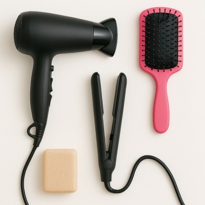 Secador de cabelo preto, prancha preta, escova de cabelo rosa e toucador bege sobre fundo claro