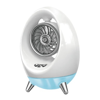 Ventoinha portátil oval branca e azul com suportes metálicos e botões prateados