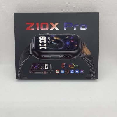 Caixa preta do relógio inteligente Z10X Pro com imagem do relógio e texto colorido