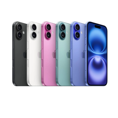 Seis smartphones coloridos alinhados com ecrã e traseira visíveis