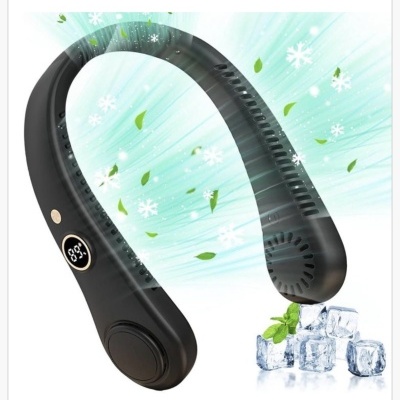 Ventilador portátil preto em formato de U com visor digital e efeitos gráficos de vento