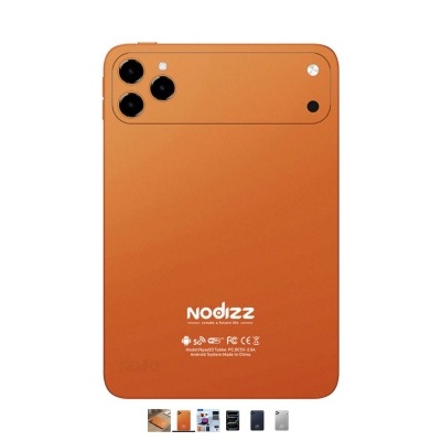 Tablet laranja com três câmaras traseiras e texto Nodizz