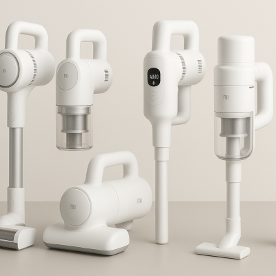 Cinco aspiradores de pó sem fios brancos com reservatórios transparentes em fundo neutro