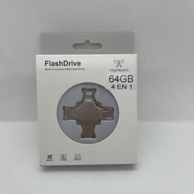 Pen USB FlashDrive 64GB 4 em 1 em embalagem branca com texto e janela circular