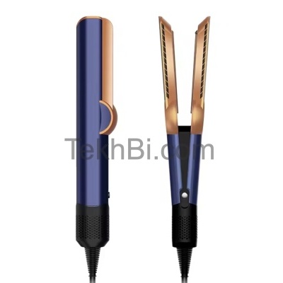 Prancha de cabelo azul com detalhes em cobre e cabo preto