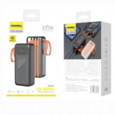 Carregador portátil preto com detalhes em laranja e embalagem