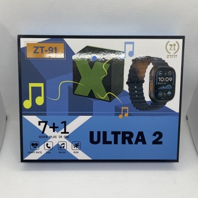 Embalagem de smartwatch azul ZT-91 ULTRA 2 com pulseira preta e ecrã digital
