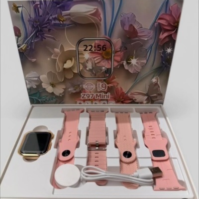 Relógio inteligente Z97 Mini com várias pulseiras e carregador, em caixa decorada com flores.