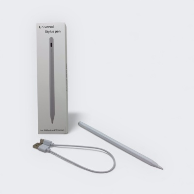Conjunto de caneta stylus universal cinzenta com cabo USB e embalagem branca
