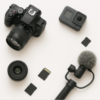Equipamento de fotografia e gravação composto por câmara digital, GoPro, lentes, cartões de memória e microfone
