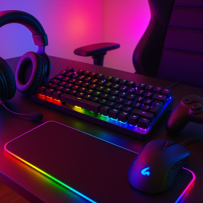Conjunto de gaming com teclado mecânico, rato, tapete, comando e auscultadores sobre secretária em ambiente iluminado colorido.