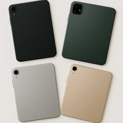 Quatro tablets de cores diferentes sobre uma superfície clara