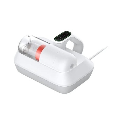 Dispositivo de aspiração portátil branco numa base com painel digital