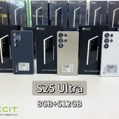 Telemóveis CCIT S25 Ultra 5G em preto, bege e branco com quatro câmaras traseiras e caixas pretas.