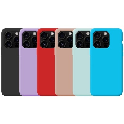 Capas de smartphone em várias cores: preto, lilás, vermelho, bege, cinza claro e azul vibrante.