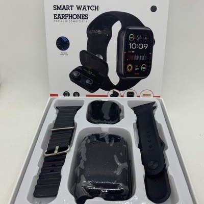 Embalagem com relógio smart watch preto, braceletes intercambiáveis e earphones portátil