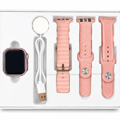 Conjunto de smartwatch rosa com três pulseiras e cabo carregador em caixa branca