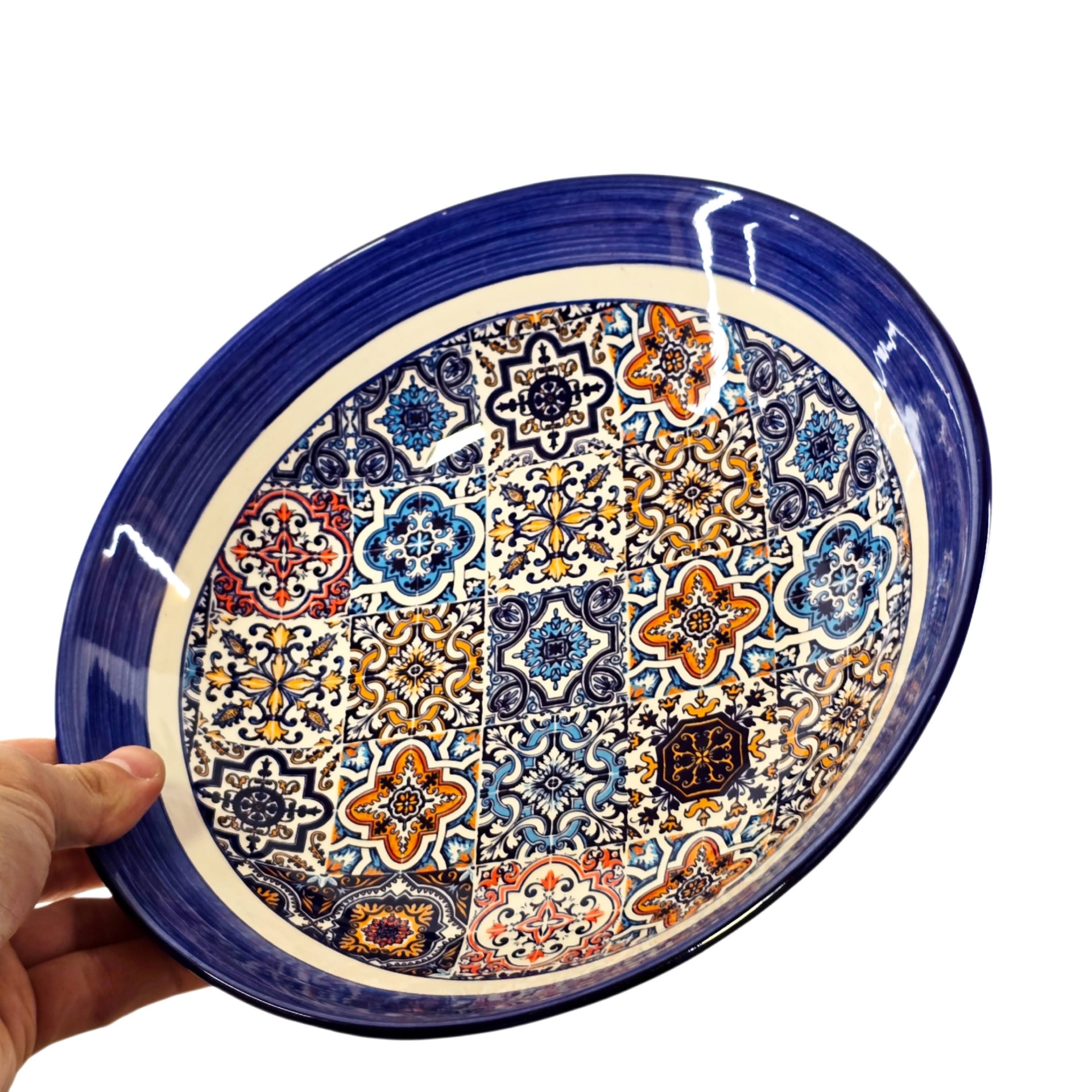 Saladeira / Fruteira Prato cerâmico com padrões coloridos e borda azul