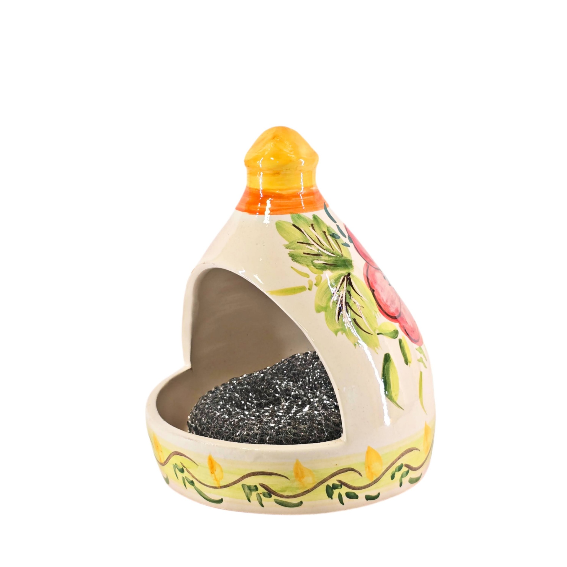 Porta Utensílios de Cozinha Médio Suporte cerâmico pintado para esponja com padrão floral e esponja metálica no interior