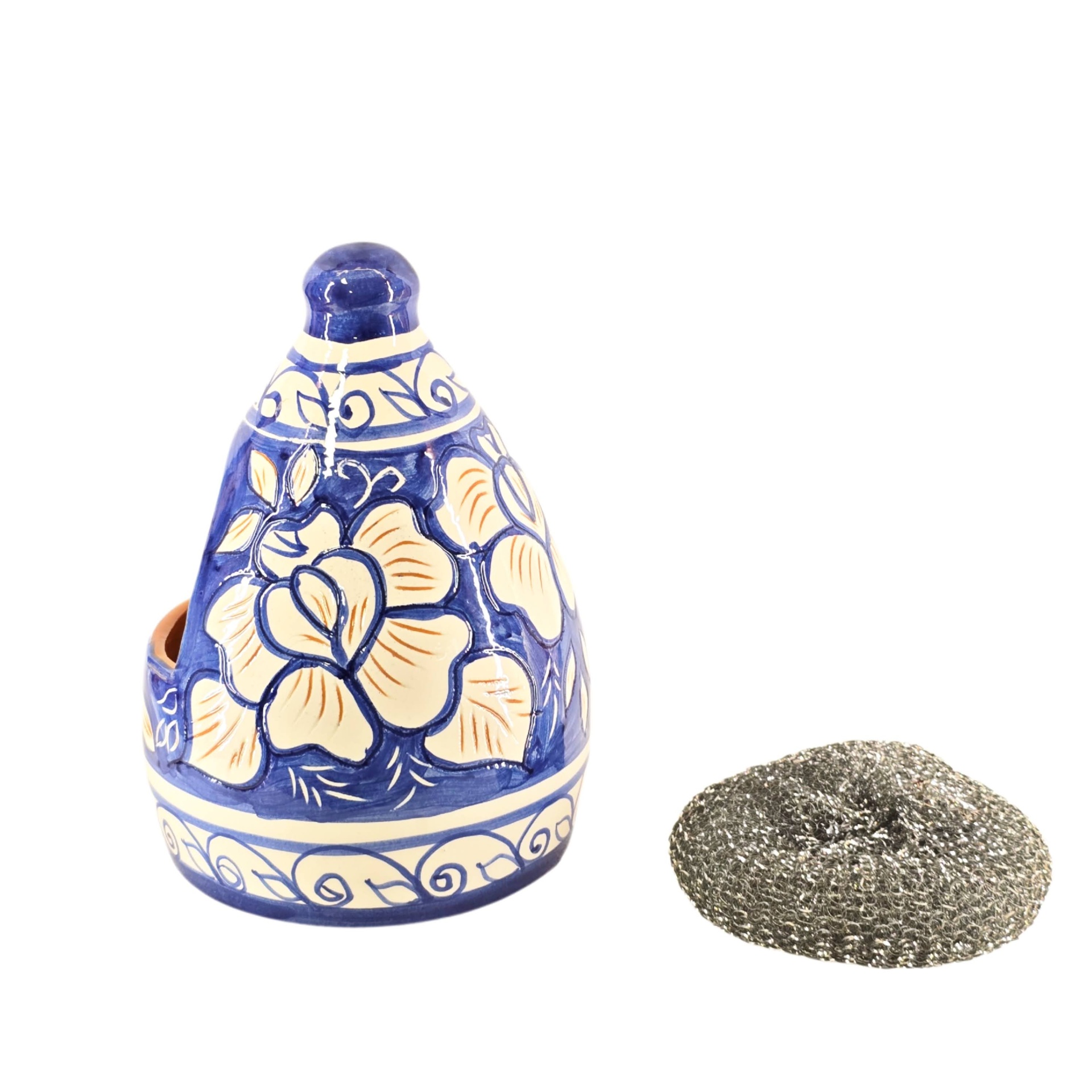 Porta Utensílios de Cozinha Médio Panela de cerâmica azul com tampa floral e esponja de aço inox