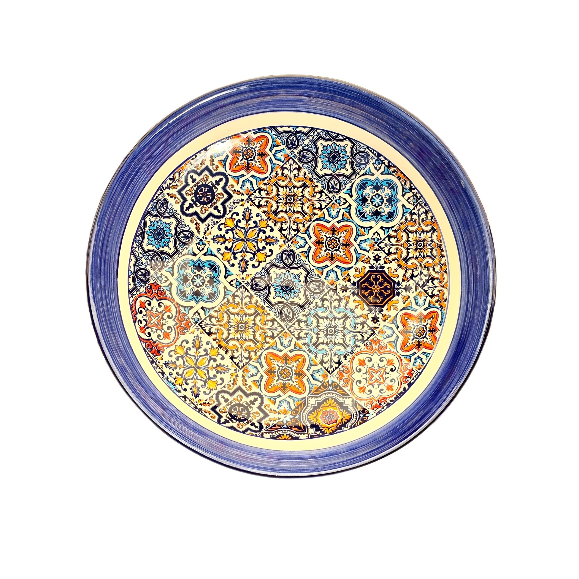 Saladeira / Fruteira Prato de cerâmica redondo com padrão de azulejos coloridos