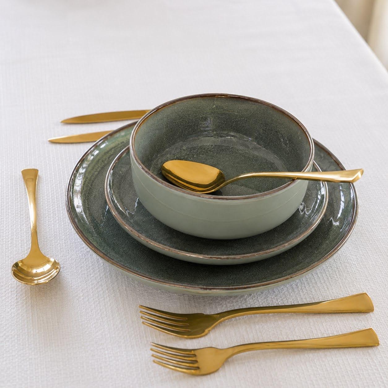 Conjunto de Mesa Verde | 3 Peças Conjunto de loiça verde com talheres dourados sobre mesa com toalha branca
