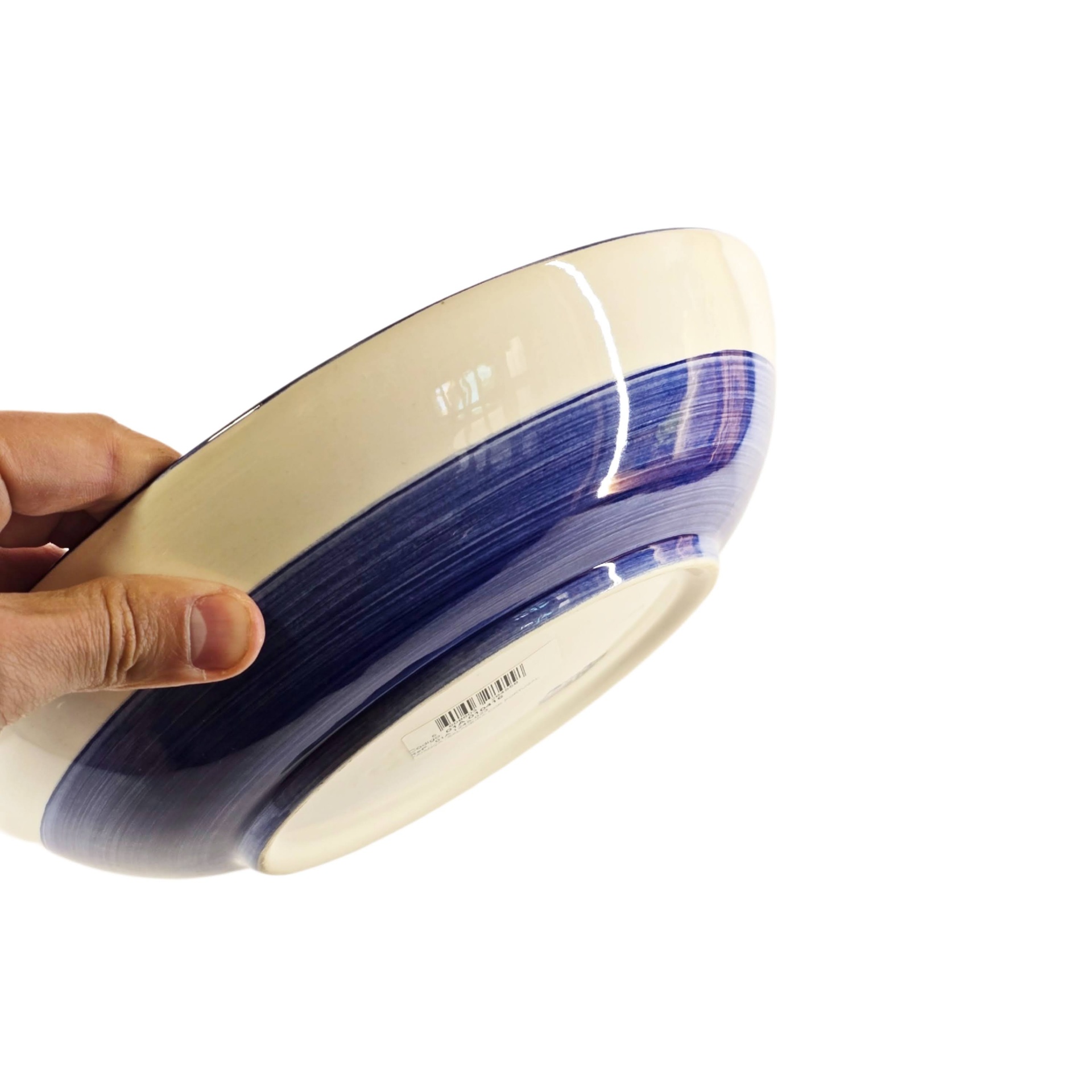 Saladeira / Fruteira Prato raso cerâmico com faixa azul escuro e fundo creme