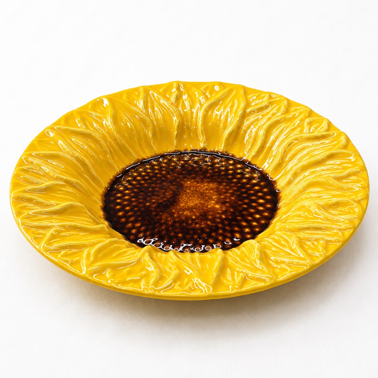 Coleção Girassóis Prato cerâmico com design de girassol amarelo e castanho