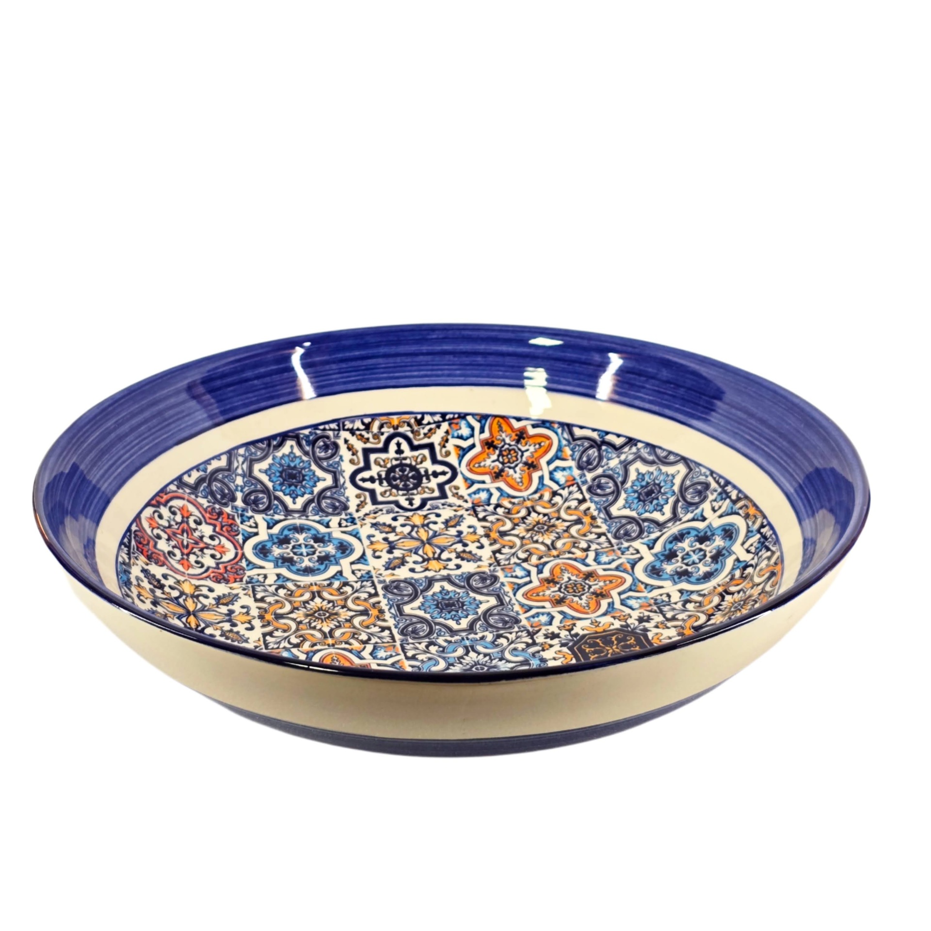 Saladeira / Fruteira Prato decorativo de cerâmica com padrão colorido de azulejos e borda azul