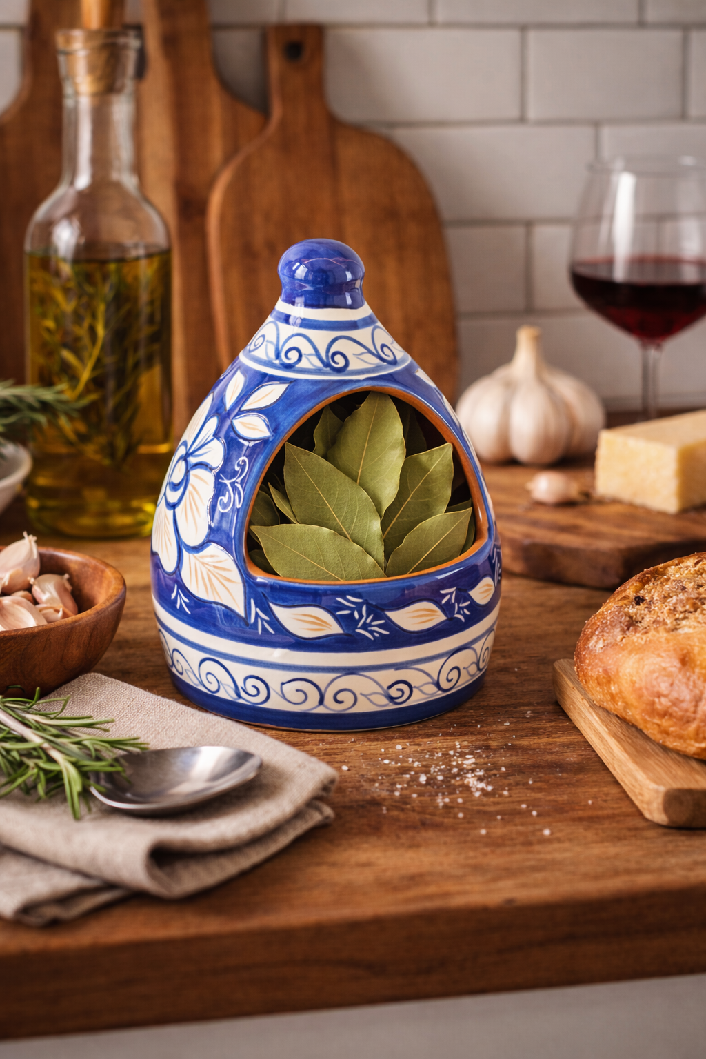 Porta Utensílios de Cozinha Médio Recipiente de cerâmica azul e branca com folhas de louro na bancada de cozinha