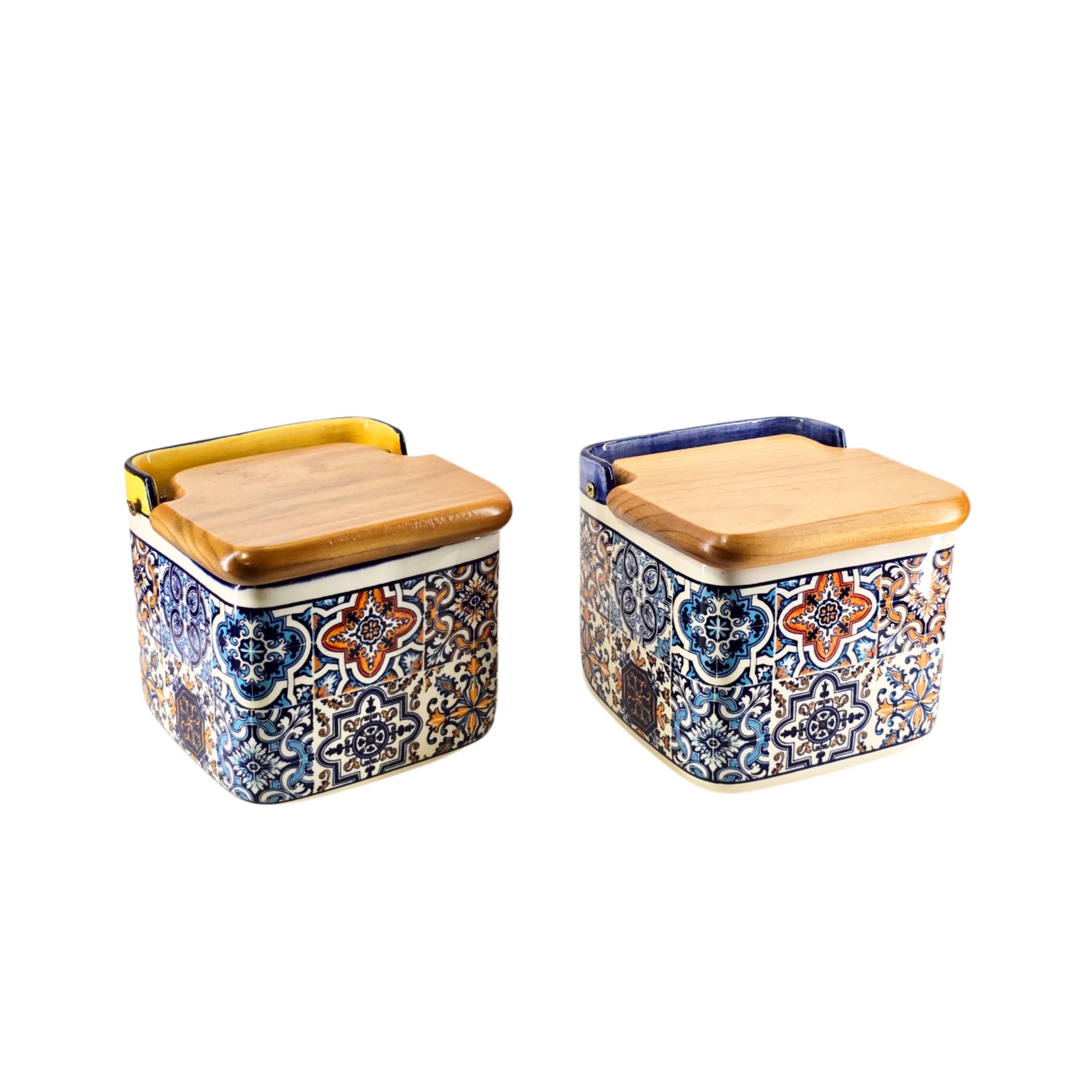 Saleiro c/ Tampa de Madeira Recipientes quadrados decorativos em cerâmica com tampa de madeira e padrões geométricos coloridos