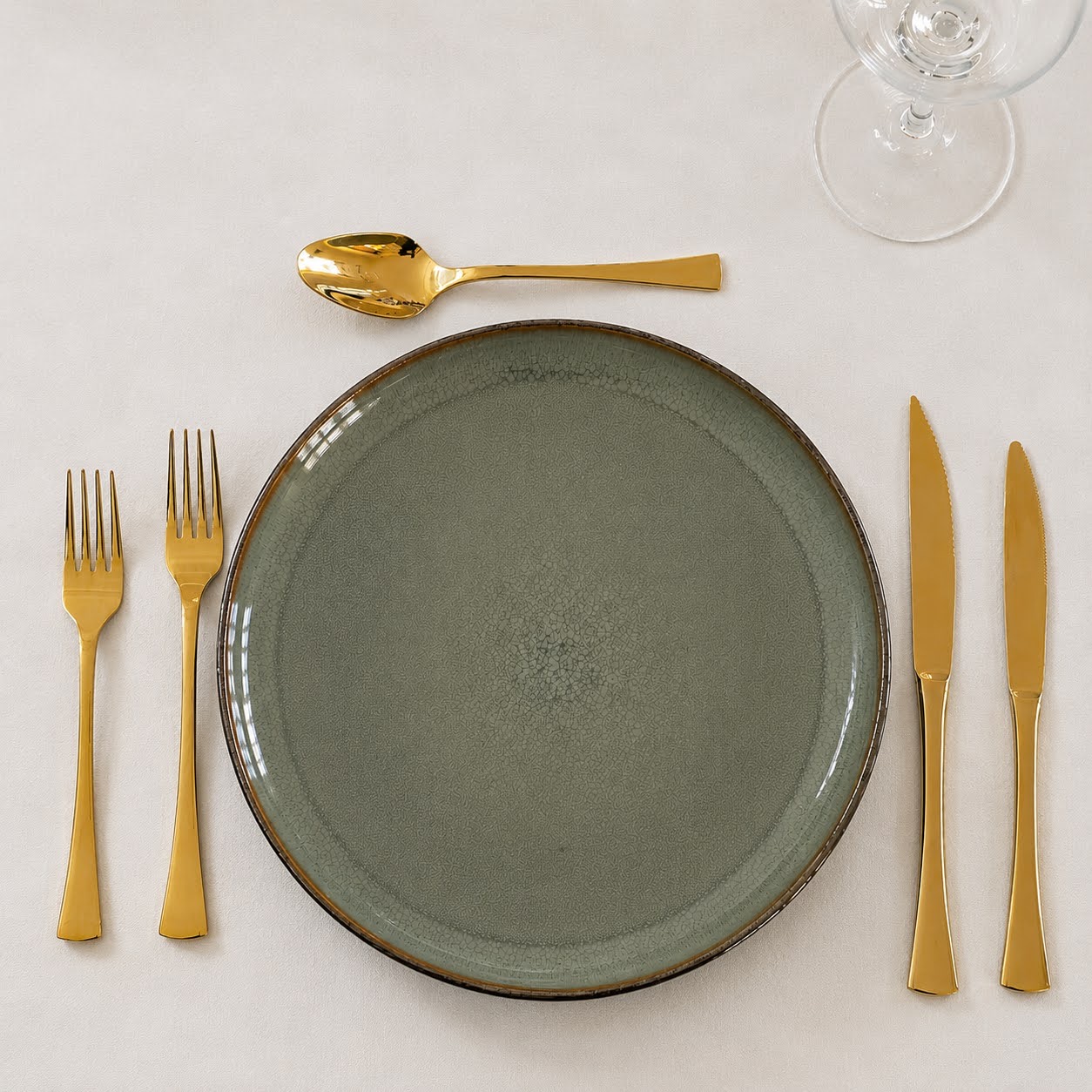 Conjunto de Mesa Verde | 3 Peças Conjunto de mesa com prato verde e talheres dourados