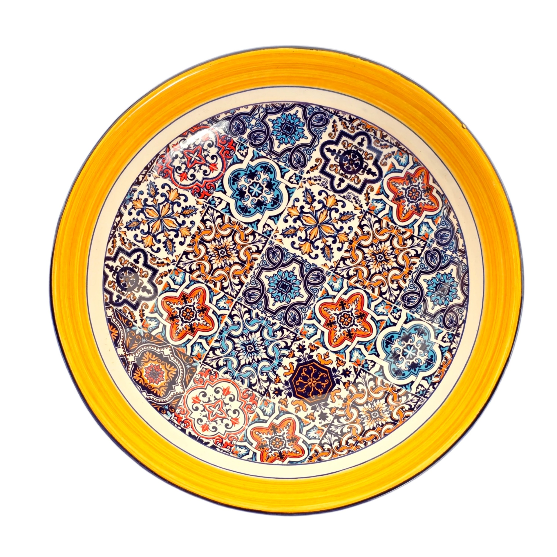 Saladeira / Fruteira Prato de cerâmica decorativo com padrão de azulejos coloridos e aro amarelo