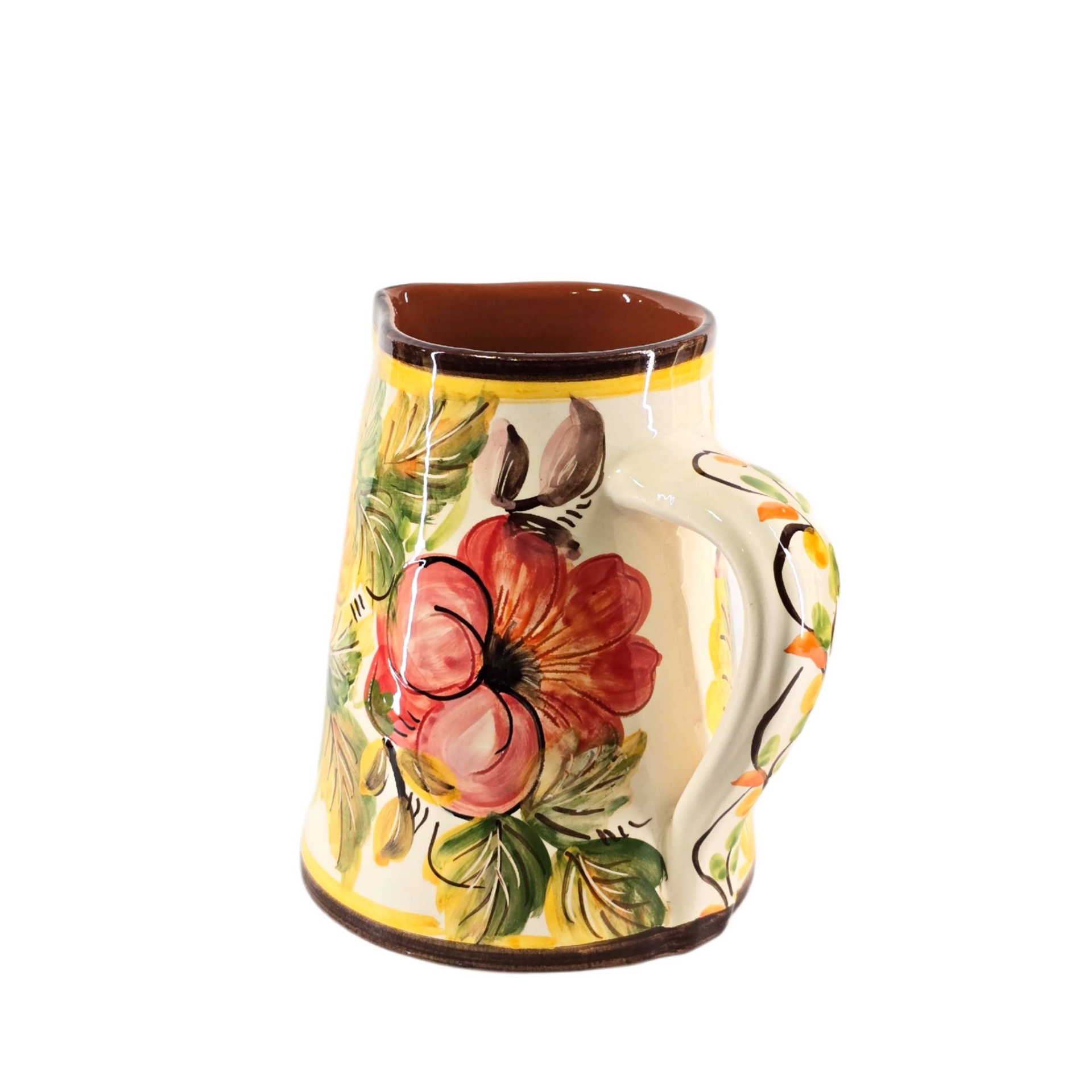 Jarros em Barro do Alentejo - 16cm Caneca de cerâmica pintada com flores vermelhas e folhas verdes